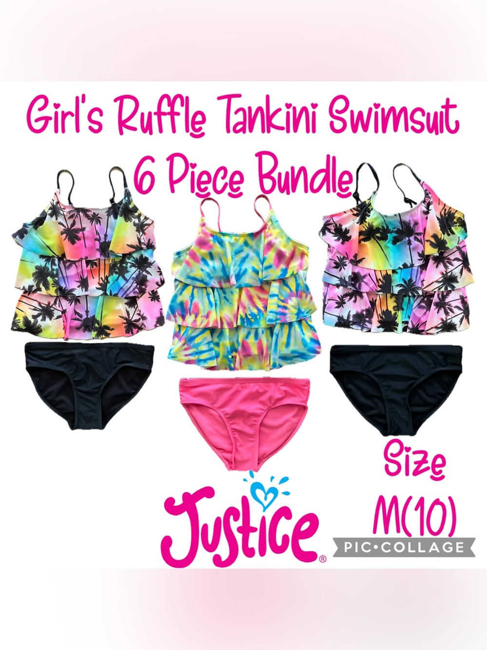 Walmart Justice Girls Tankini Swimsuit 6 Piece Bundle Size M(10)